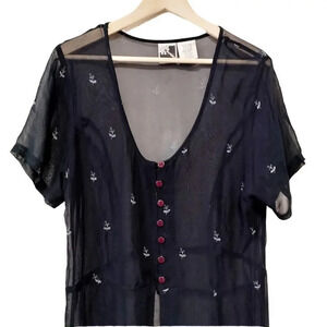 Phool Size XLarge Black Sheer Gray embroidery Maxi Kimono Cover Up Dress